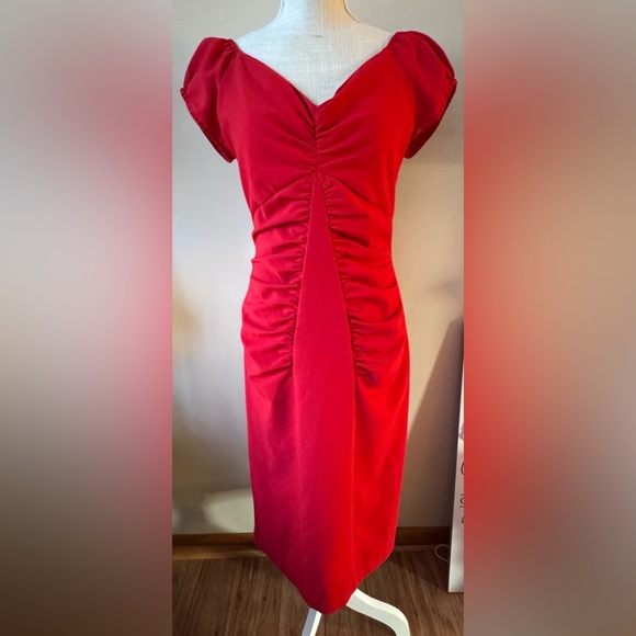 Stop Staring! brand little stretchy Elegant Red Ruched midi Dress. Size L. GUC - Picture 1 of 13